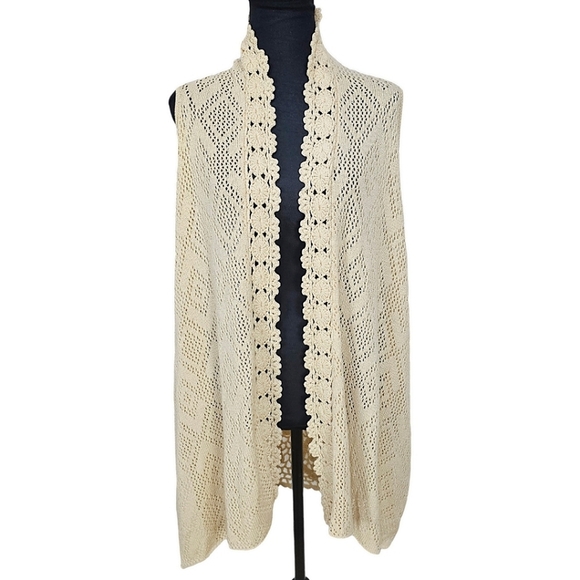 Rebecca Elliot Cottagecore Boho Tan Crochet Knit Open Front Vest Cardigan Small - Picture 1 of 13
